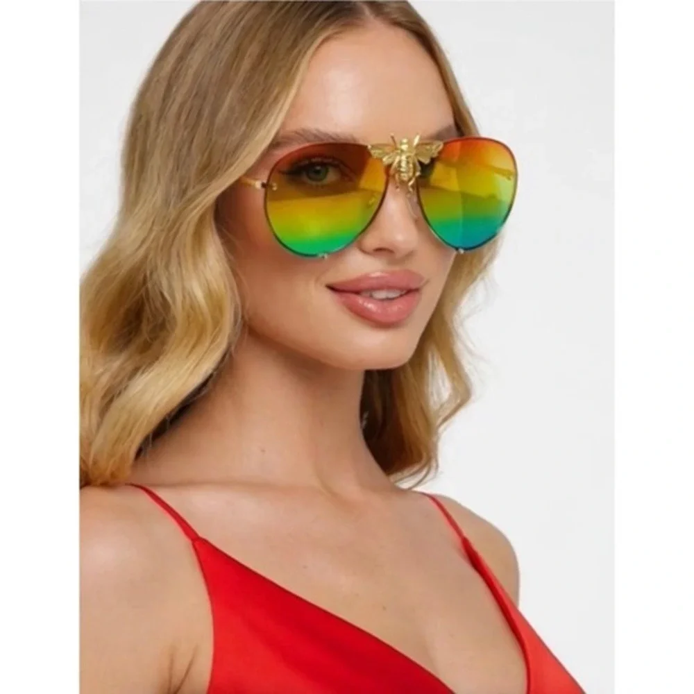 Aviator Sunglasses Rainbow Lens Gold Bee‎ Accent Fashion Sun Glasses